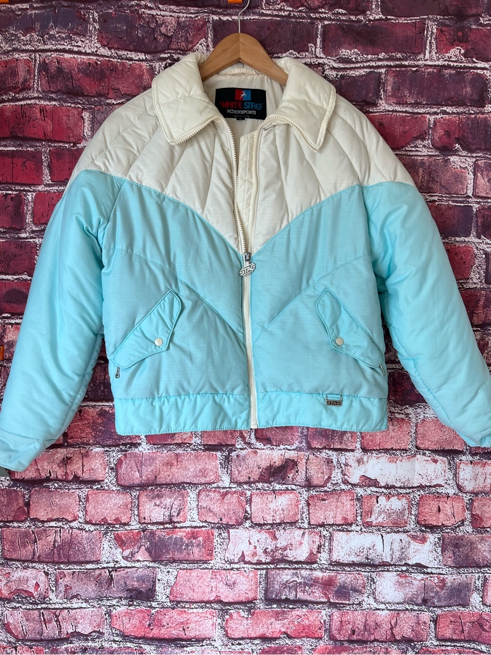 Vintage White Stag Down Filled Ski Jacket Chevron Puffer